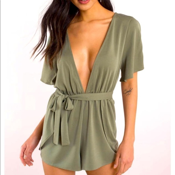 TOBI SETTING FIRES PLUNGING ROMPER IN OLIVE L - Picture 1 of 9